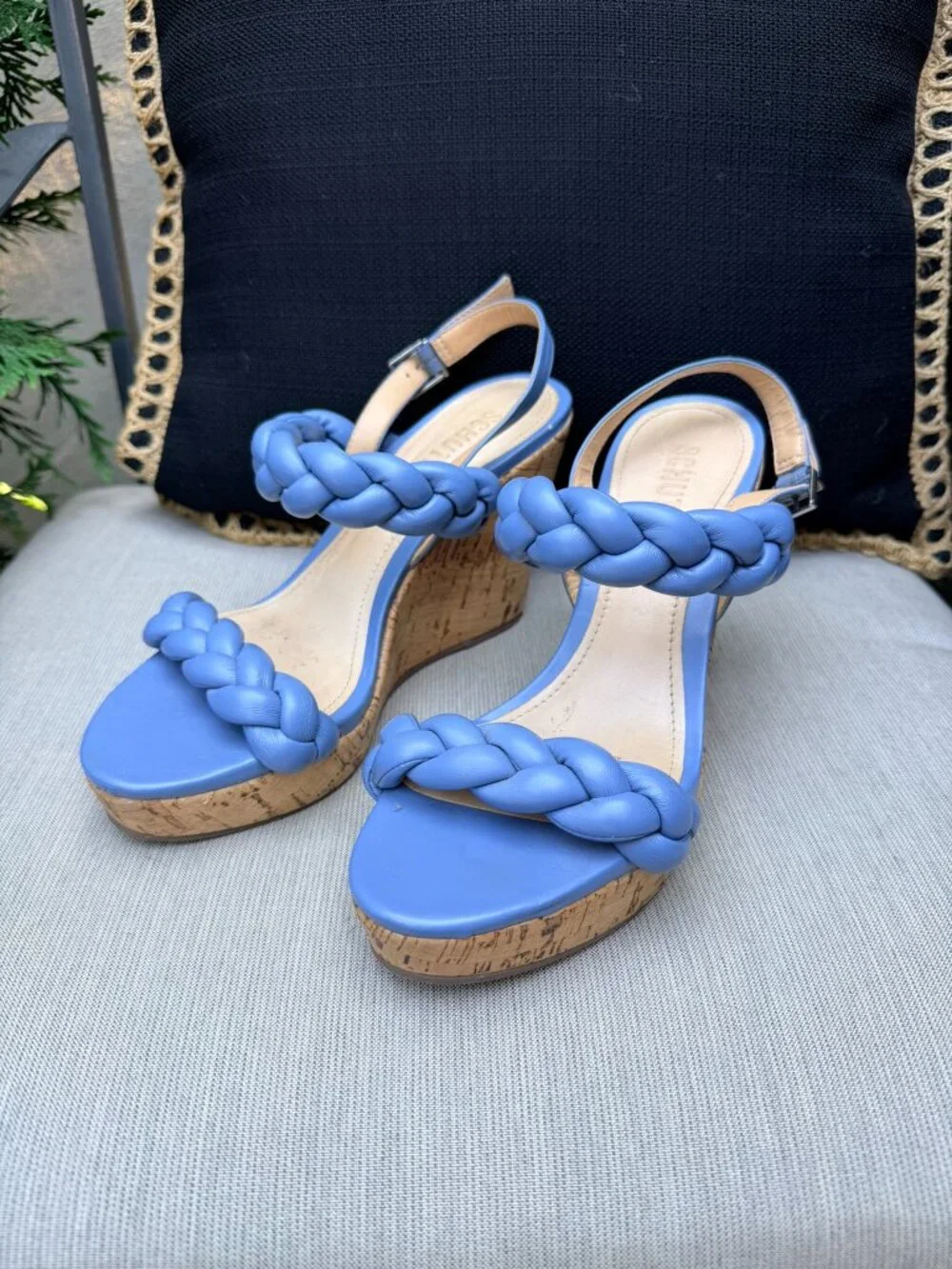 Schutz Cornflower/Periwinkle Blue Braided Leather Cork Platform Wedge Sandals 9